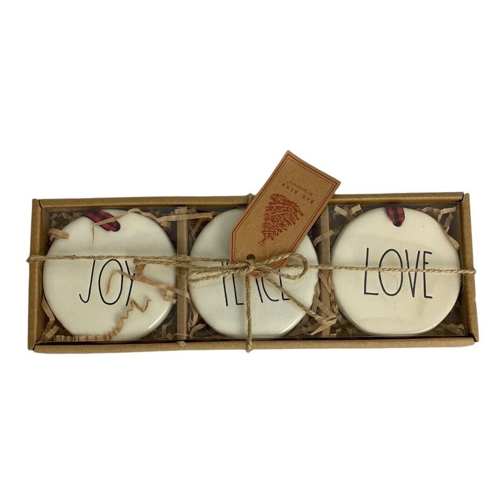 Rae Dunn White Black Ceramic Love Peace Joy Shiny Disc Ornament Set of 3 NEW